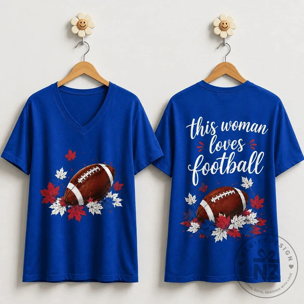 This Woman Loves Football Blue V-Neck Short Sleeve Graphic T-Shirt