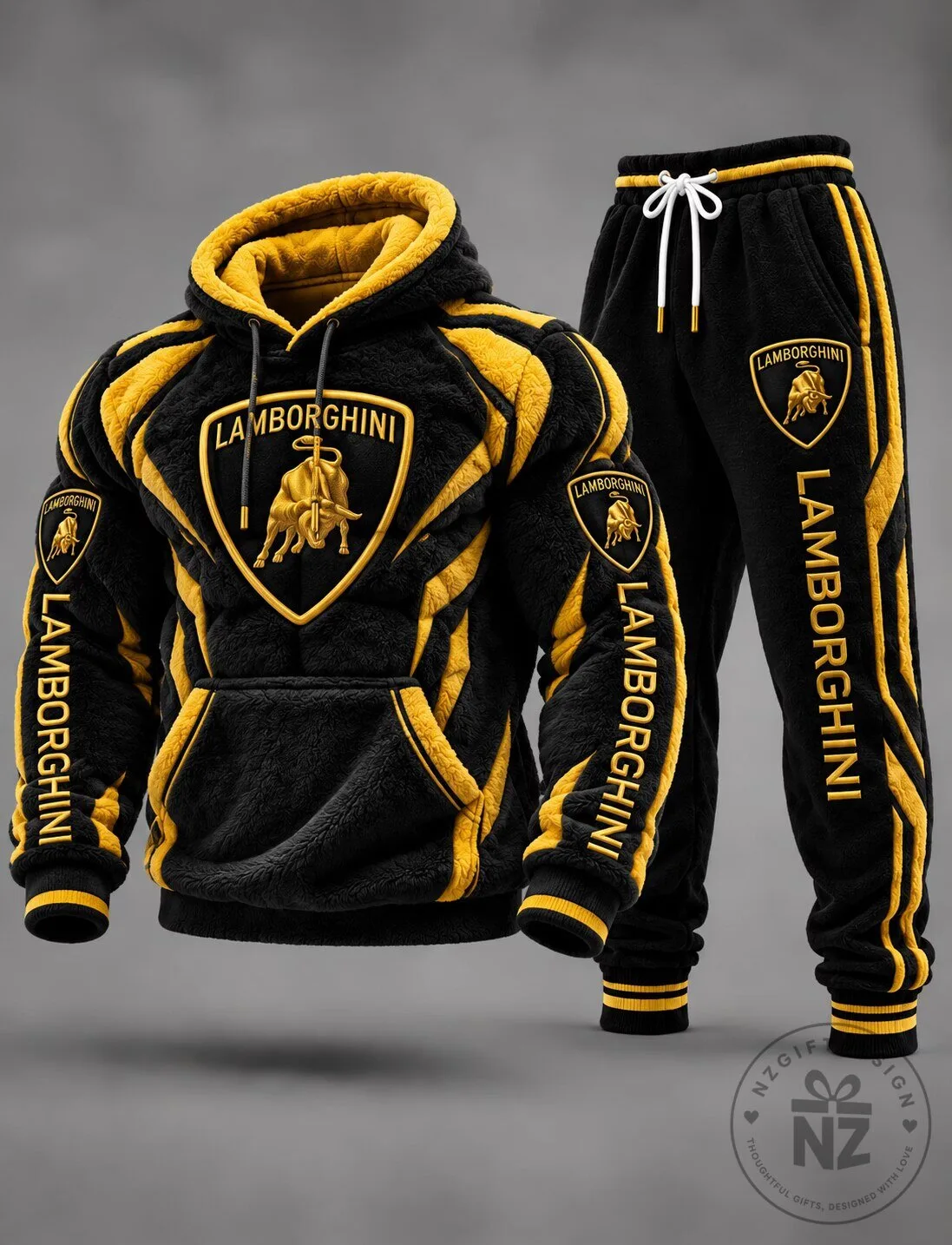 Lamborghini Black and Yellow Plush Fleece Hoodie for Men