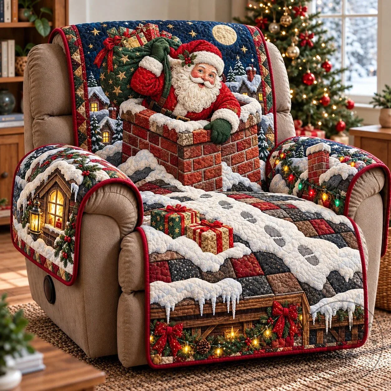 Santa Claus Chimney Christmas Quilted Recliner Cover Sofa Protector