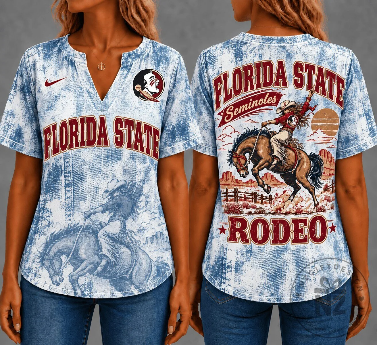 Florida State Seminoles Rodeo Western Style Denim Print Short Sleeve T-Shirt