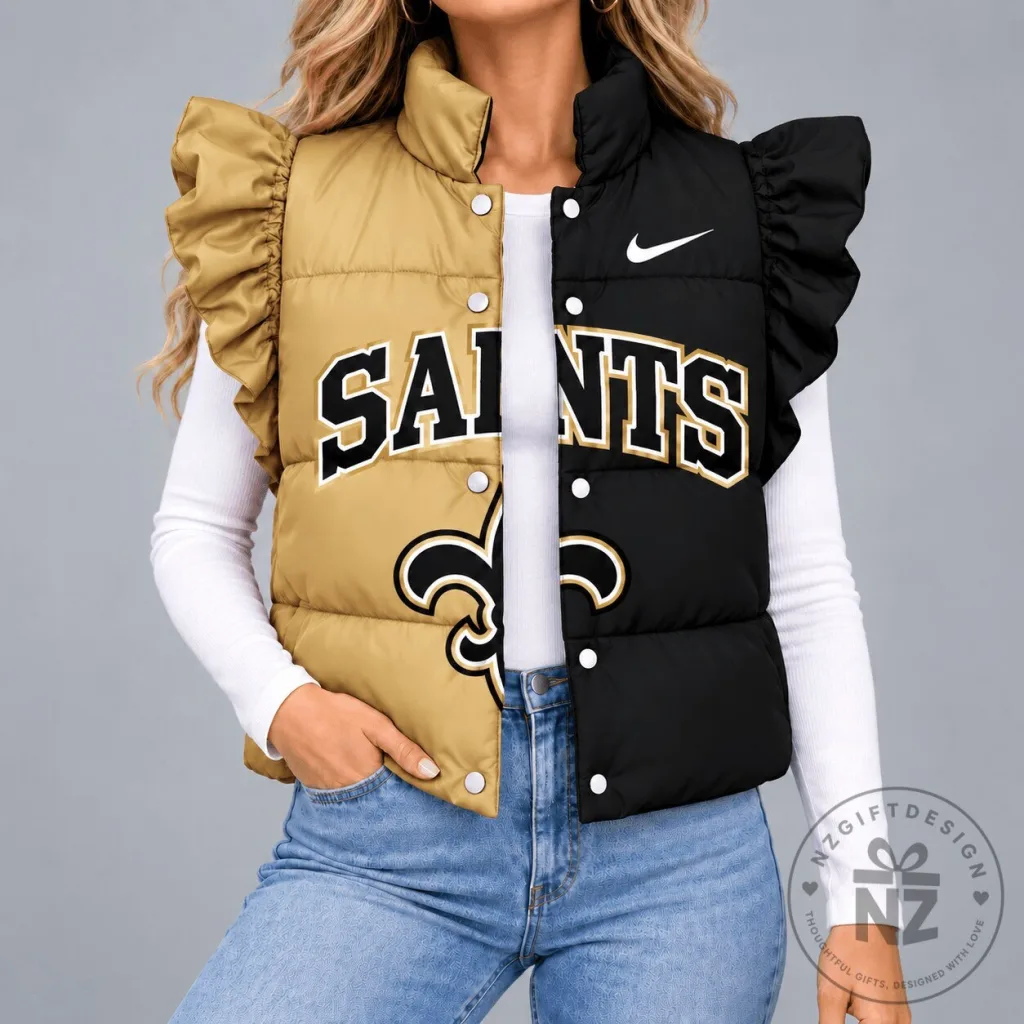 New Orleans Saints Gold and Black Split Color Quilted Puffer Vest with Ruffled Sleeves New Orleans Saints Gold and Black Split Color Quilted Puffer Vest with Ruffled Sleeves