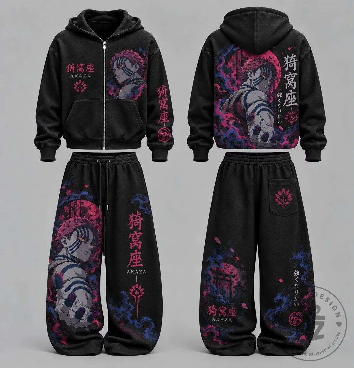 Demon Slayer Akaza Anime Character Art Black Zip-Up Hoodie and Sweatpants Set 1 Demon Slayer Akaza Anime Character Art Black Zip-Up Hoodie and Sweatpants Set