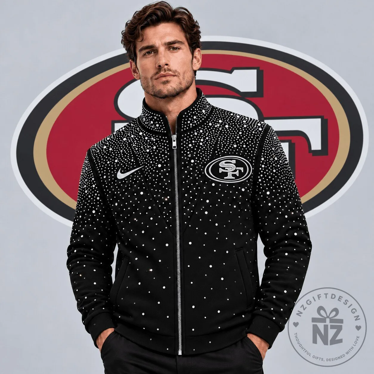 San Francisco 49ers Sparkling Rhinestone Effect Full Zip Black Jacket