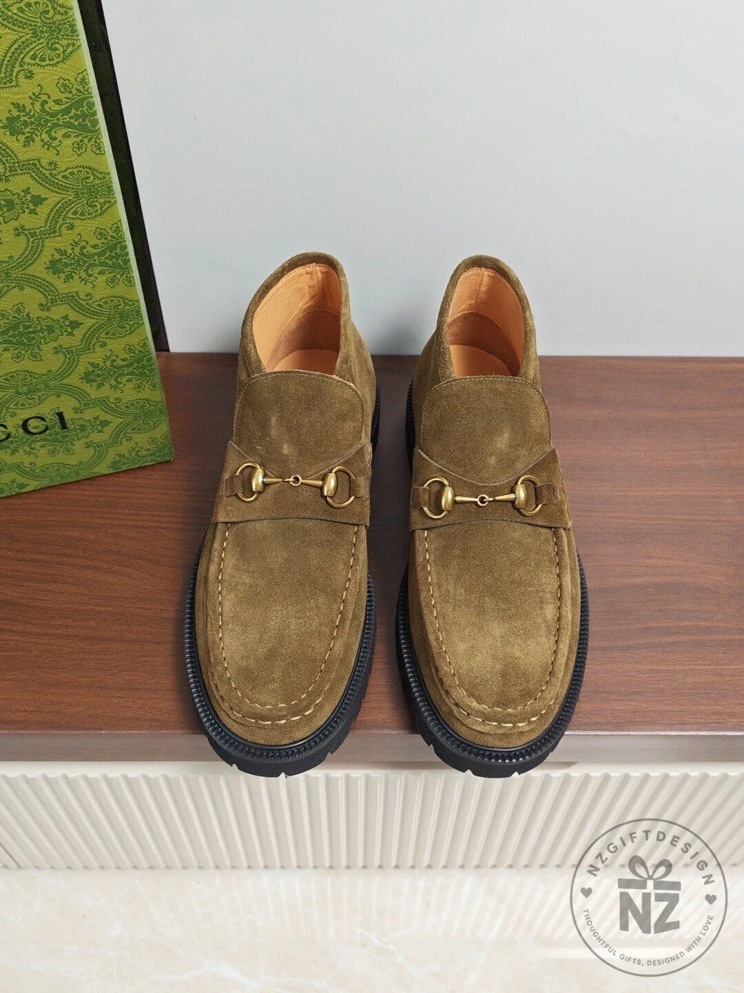Gucci Horsebit Loafer Shoes for Men, Olive Green Suede Slip-On Footwear