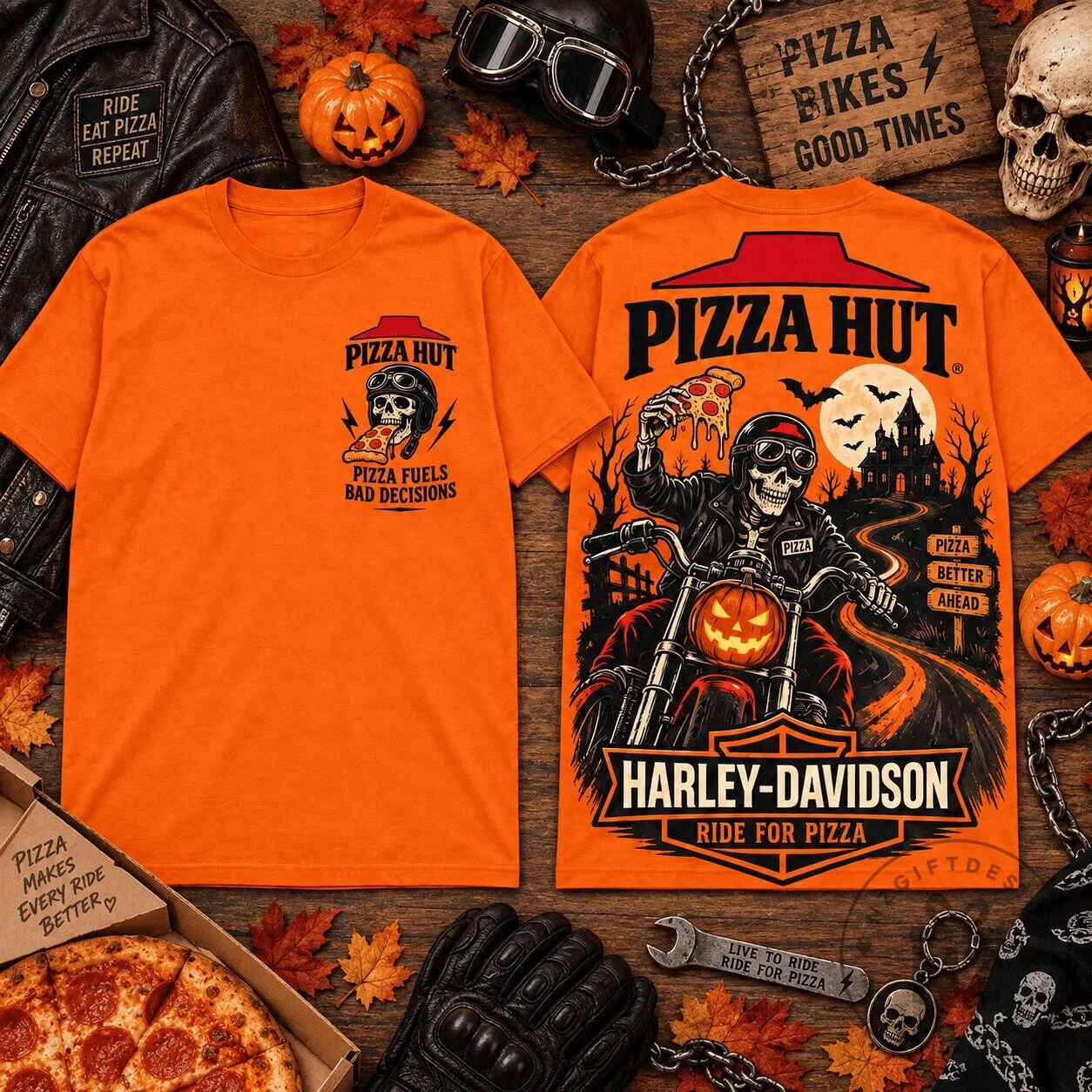 Pizza Hut Harley-Davidson Skeleton Rider Halloween Graphic T-Shirt 2 Pizza Hut Harley-Davidson Skeleton Rider Halloween Graphic T-Shirt