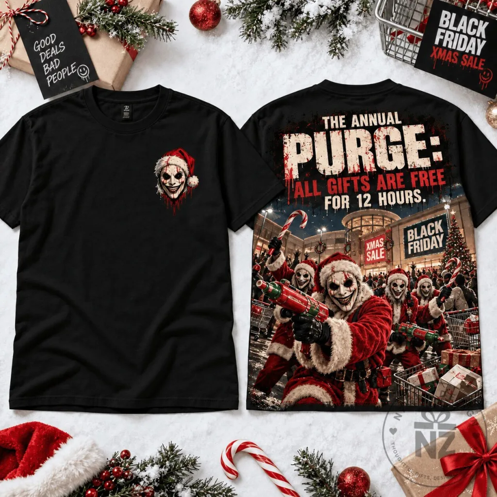 Black Friday Christmas Horror Movie T-Shirt - The Purge All Gifts Are Free Design Black Friday Christmas Horror Movie T-Shirt - The Purge: All Gifts Are Free Design
